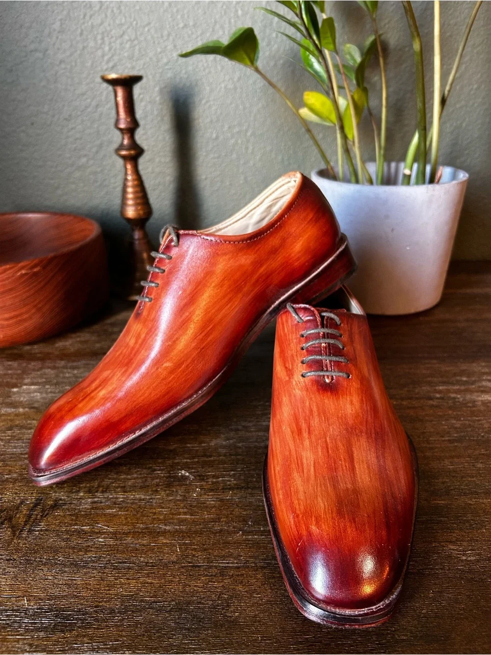 Hand-Patina Leather Whole Cut Oxford Dress Shoes - Cognac
